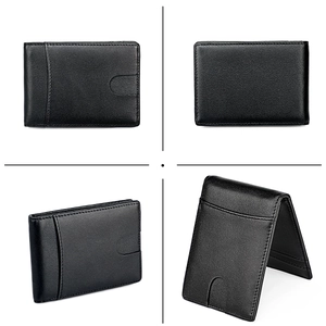 Detailed views of leather wallet featuring carbon fiber texture and RFID blocking slots