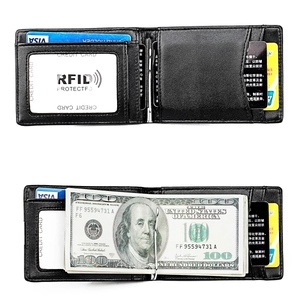 Detail of leather wallet featuring RFID protection, card slots, and metal money clip