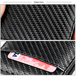 Detail view of carbon fiber texture and side card slot on this men's RFID wallet