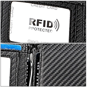 Detail of RFID blocking men's wallet with carbon fiber texture and ID window card slots