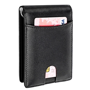 Men Slim RFID Blocking Wallet Genuine Cowhide Leather Carbon Fiber Pattern Money Clip Card Holder Minimalist Pocket Wallet
