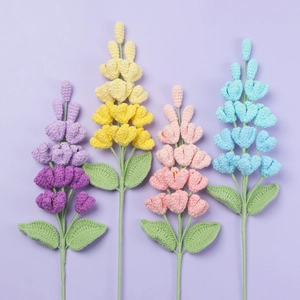 Handmade crochet lilac bouquet set in purple, pink, and blue for home decoration