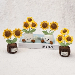 Detailed view of handmade crochet sunflower potted plants with cute faces and textures