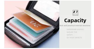 Internal view of litchi grain leather card holder with 14 clear PVC slots and zipper
