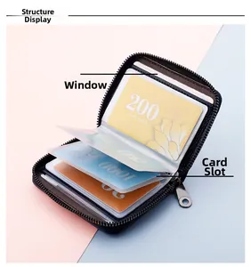 Detailed interior of a black leather zip card holder with 20 accordion slots and ID window