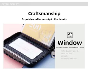 Detail view of leather card holder with clear ID window and smooth zipper closure