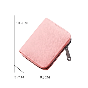 Pink litchi texture leather card holder with zip closure measuring 10.2 x 8.5 x 2.7 cm