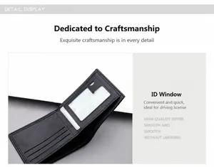 Detail view showing black leather wallet interior with card slots and an ID window