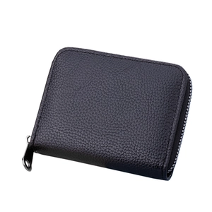 Black lychee texture card holder with 20 slots and a secure silver metal zipper
