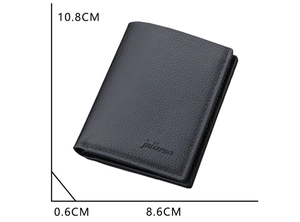 Detailed view of slim black vertical leather wallet with dimensions 10.8x8.6x0.6 cm