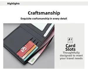 Detail of slim black leather wallet showing card slots and transparent ID window