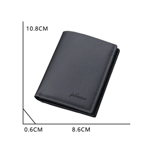 Slim black leather men's bifold wallet with lychee texture and dimension specs