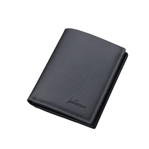 Vertical bifold men's black leather wallet with lychee grain texture and minimalist logo