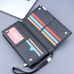 Men's minimalist black leather long wallet with multi-card slots and wrist strap