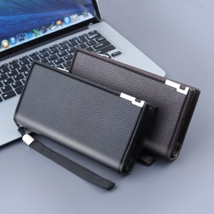Litchi texture long zipper wallet for men with metal corner and wrist strap in black and brown