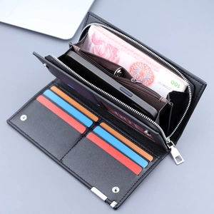 Men's leather long wallet showing multi-card slots and phone compartment in black