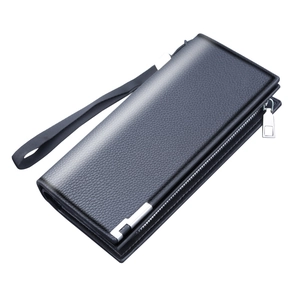Classic black pebbled leather men's long wallet with wristlet and silver zipper closure