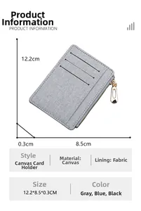 Detailed size chart for slim canvas card holder with zipper pocket and card slots