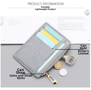 Detail of slim grey canvas card holder with multiple slots and side zipper for coins
