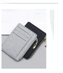 Slim canvas card holder with multiple slots and side zipper in grey and black