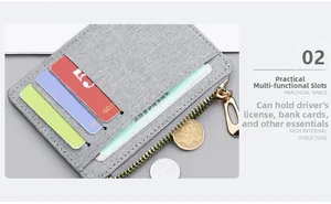 Gray canvas card holder with multiple slots and metal zipper for coins and driver license