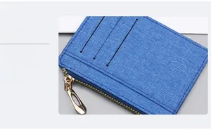 Close-up of blue canvas card holder showing precise stitching and metallic zipper