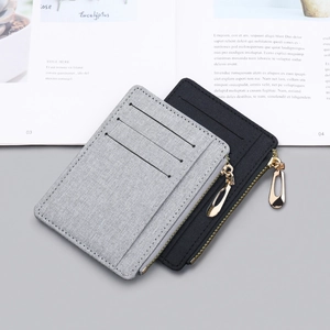 Slim canvas card holder with zipper pocket and multiple slots in black and grey