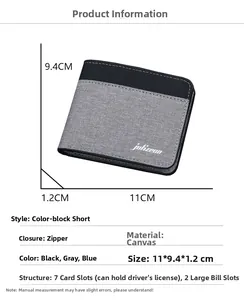 Portefeuille court en toile pour hommes avec design bicolore gris et noir et 7 fentes pour cartes