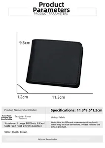 Detailed size and structure guide for slim cross-grain leather men's wallet in black and brown