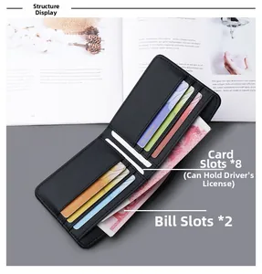 Detail view of ultra-thin crossgrain leather wallet with 8 card slots and 2 cash compartments