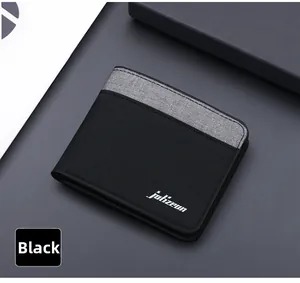 Vue détaillée du portefeuille en toile bicolore noir et gris avec le logo johzean blanc