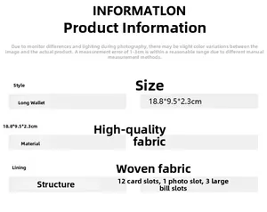 Detailed spec sheet showing 12 card slots and leather long wallet dimensions