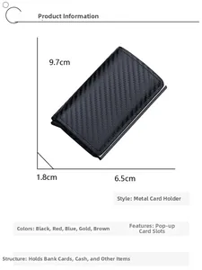 Dimensions détaillées du portefeuille RFID en carbone montrant 9,7 cm x 6,5 cm x 1,8 cm