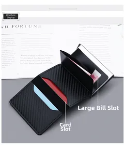 Détail du porte-cartes en carbone avec plusieurs fentes et un compartiment à billets