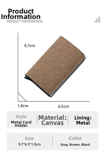 Detail view showing the 9.7x6.5x1.8cm dimensions of the RFID canvas metal card holder