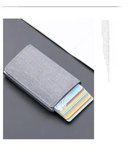 Detail of grey canvas RFID pop-up card holder showing multi-card capacity and texture