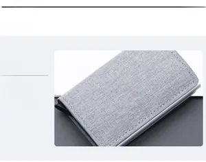 Detail of grey canvas credit card holder with RFID blocking and metallic frame design