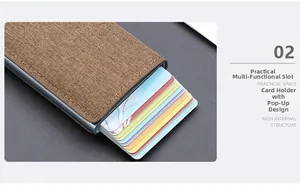 Detail showing the brown fabric texture and automatic pop-up mechanism of the RFID wallet