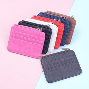 Slim multi-slot PU leather zipper card holder in seven vibrant colors with pebble texture