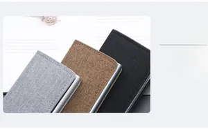 Detailed view of gray, brown, and black RFID canvas wallets with metallic frames and woven textures