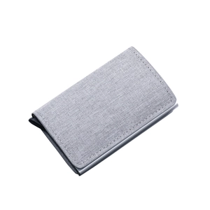 Light grey canvas RFID blocking pop-up wallet for men with textured fabric and metal frame
