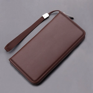Men's business brown leather clutch wallet with wrist strap and zipper closure