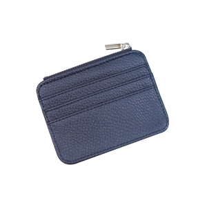 Litchi pattern leather zipper card wallet with multiple slots in navy blue and silver hardware