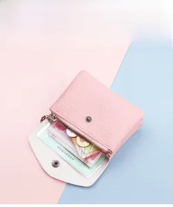Pink lychee texture coin purse with multiple card slots and internal zipper pocket