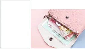 Internal view of pink PU leather pouch showing compartments for cash and cards