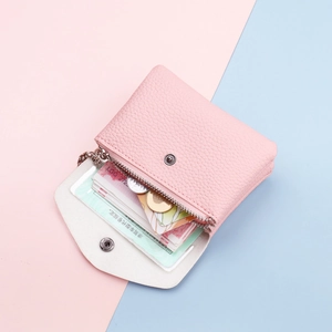 Pink lychee texture leather mini coin purse with snap button and card storage