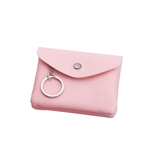 Pink lychee texture PU leather mini coin purse with silver keychain and round buckle