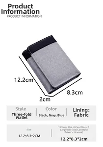 Short tri-fold canvas wallet dimensions 12.2x8.3x2cm with multiple card slots