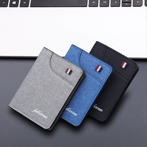Vertical slim canvas card holder wallet in grey, blue, and black with ribbon detail