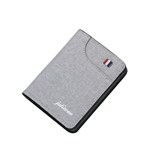 Vertical grey canvas bifold wallet for men with jolizeon logo and striped detail